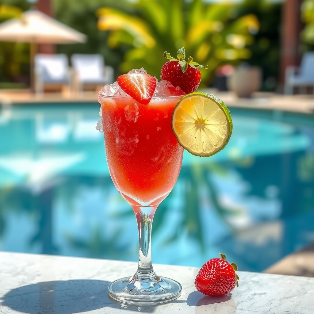 Chilled glass of frozen strawberry daiquiri garnished with strawberries and lime.